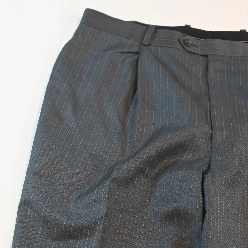 Vtg‎ Y2K Boxy 2000s 42S 33x29 Gray Striped 100% Wool Mens Jacket Pants Suit